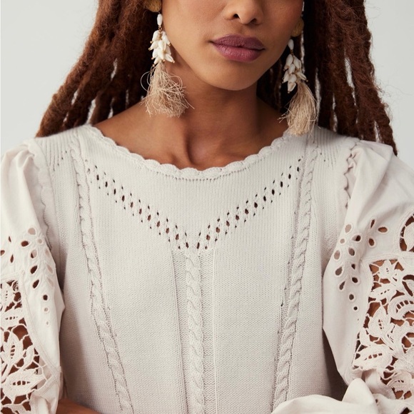 NWoT By Anthropologie Cutwork Puff-Sleeve Sweater women color pearl size Small - Picture 2 of 16